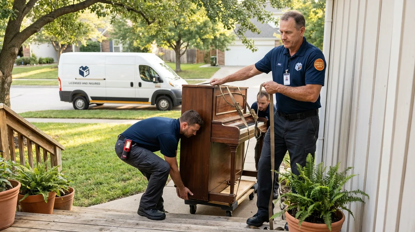 Licensed piano movers securing grand piano in Gatesville, TX