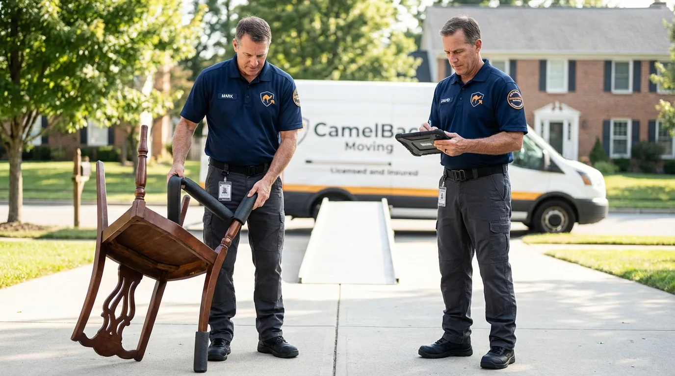 Movers inspecting furniture for damage prevention before loading in Gatesville, TX
